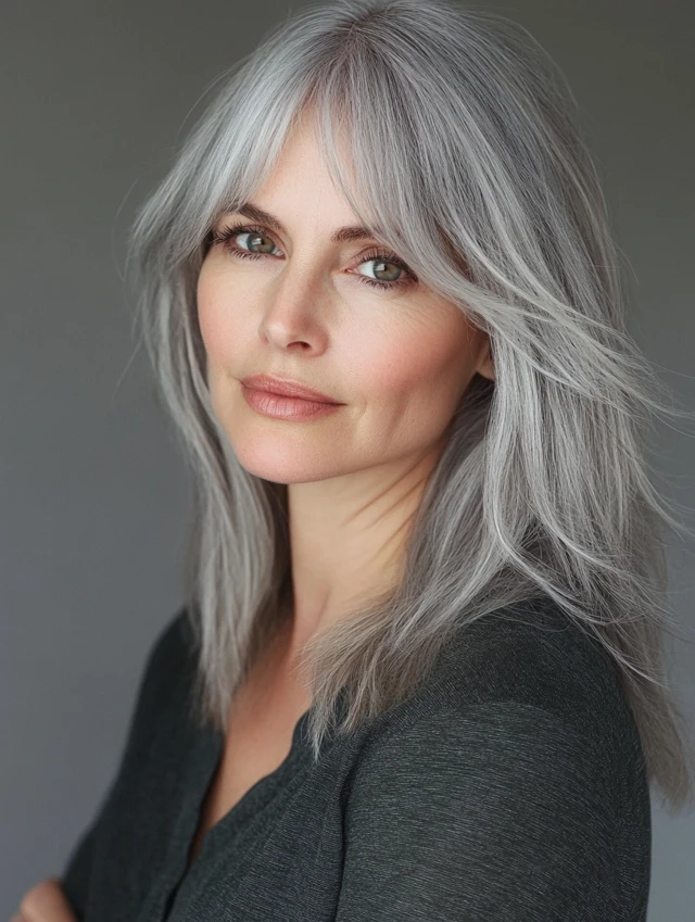 Woman over 40 with gray curtain bangs