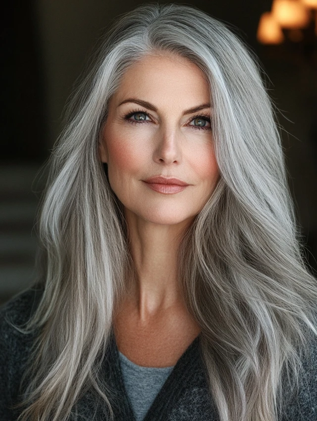 Woman over 40 with gray face-framing highlights