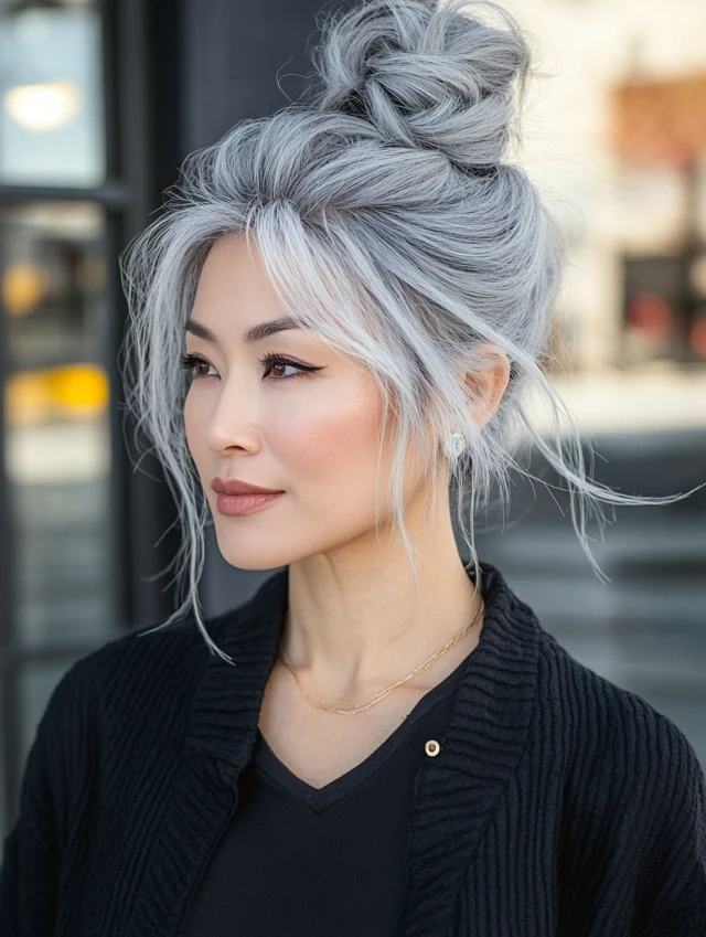 Woman over 40 with gray high bun hairstyle with wisps