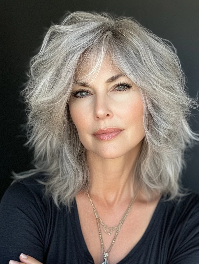 Older woman with gray layered shag hairstyle