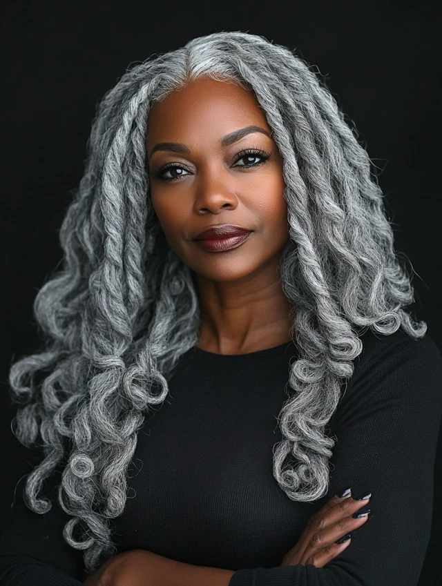 Black woman over 40 with a combination of gray loose curls and braids