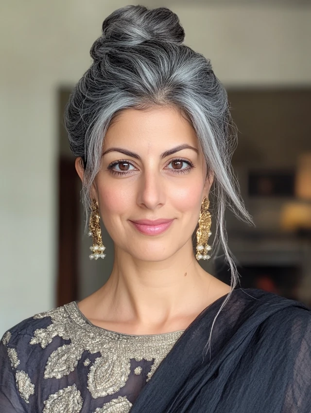 Woman over 40 with gray messy bun