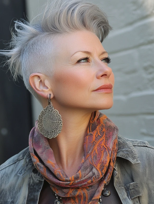 Woman over 40 with gray mohawk
