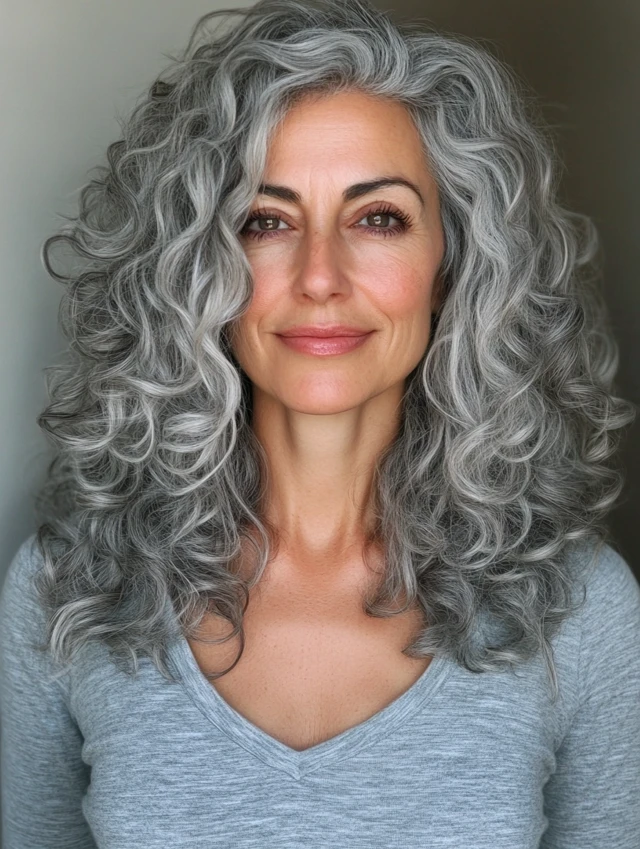 Woman over 40 with gray natural curls