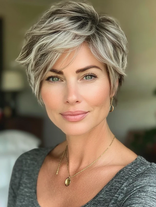 Mature lady with gray pixie with highlights
