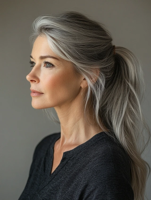 Older woman with gray pulled back ponytail
