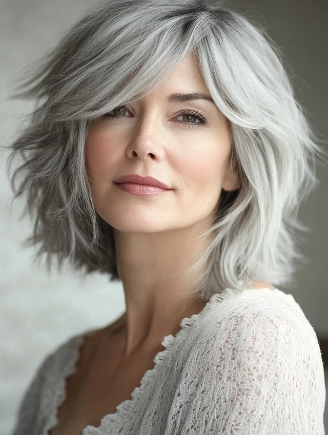 Mature lady with gray shaggy bob
