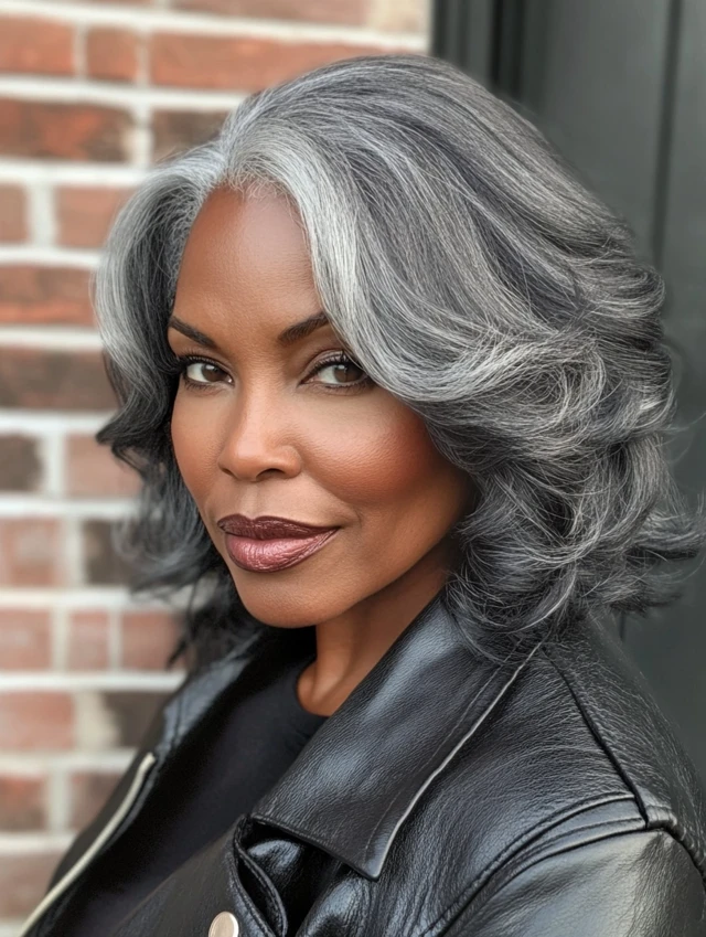 Woman over 40 with gray side part waves