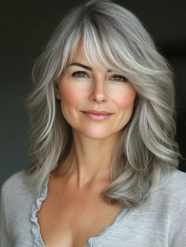Woman over 40 with gray side-swept bangs