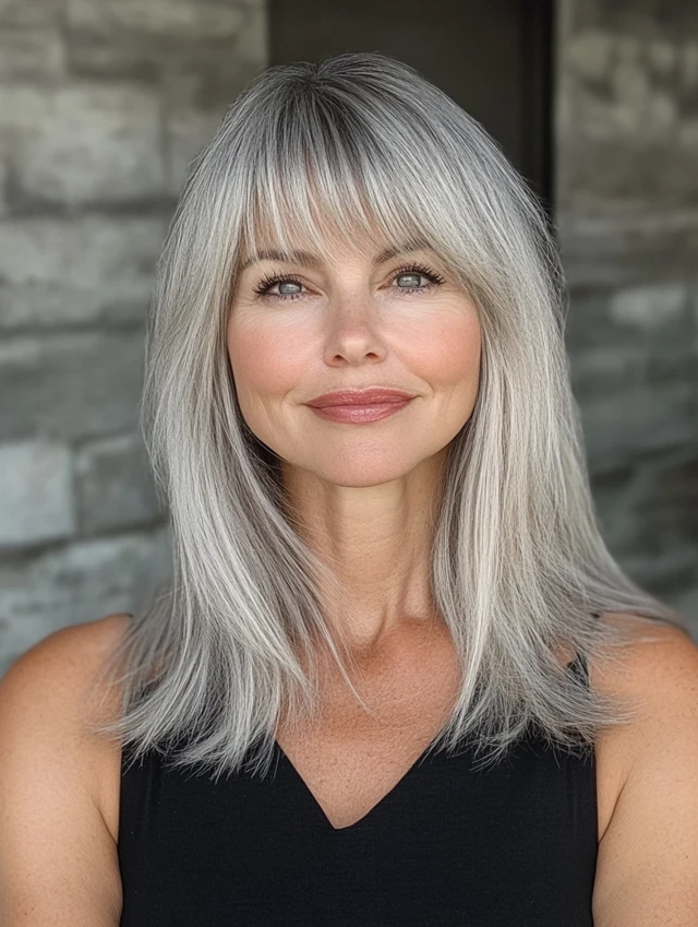 Woman over 40 with gray straight blunt bangs