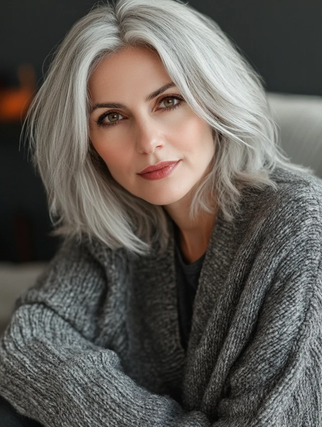Woman over 40 with gray textured layers