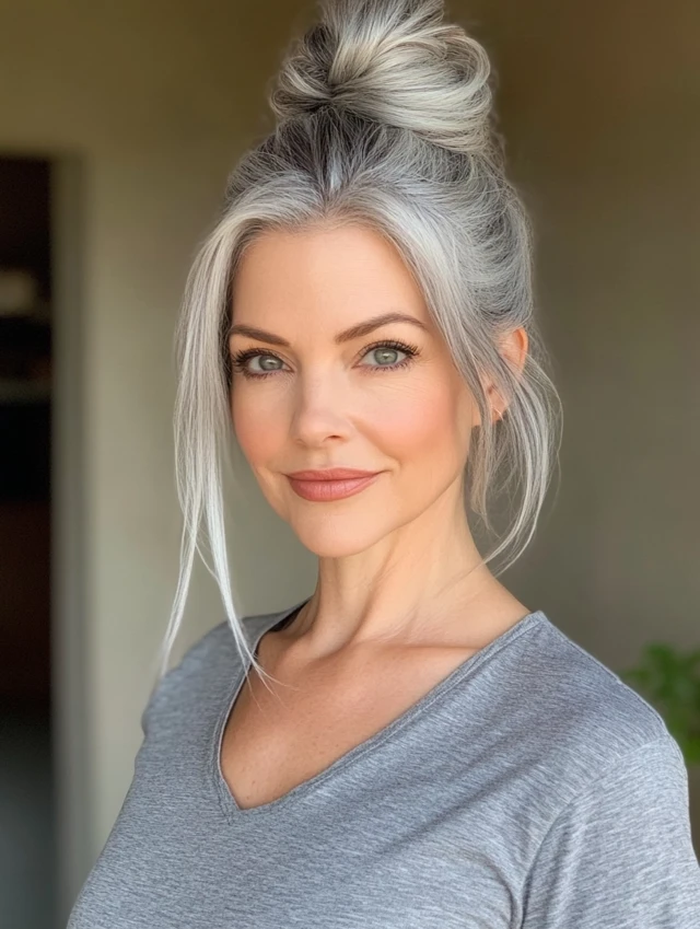 Lady over 40 with gray top knot