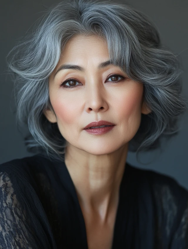 Gray side swept bangs woman over 60