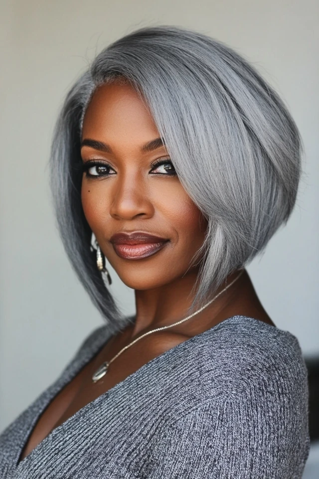 Woman over 40 with a gray asymmetrical bob