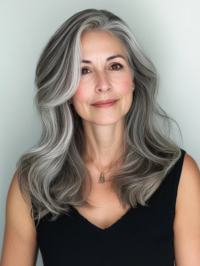 Woman over 40 with gray balayage hair