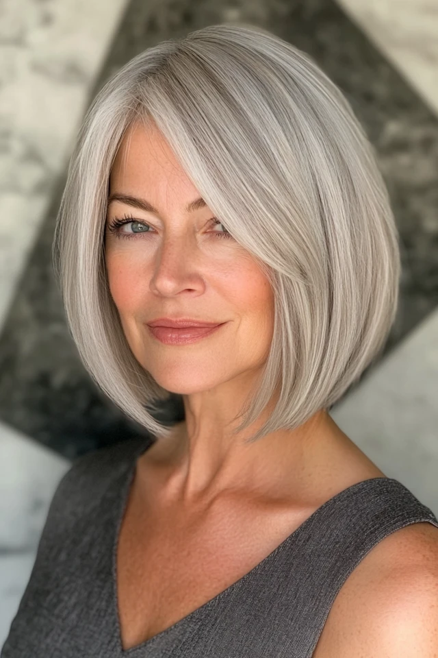 Woman over 40 with gray classic A line bob hairstyle