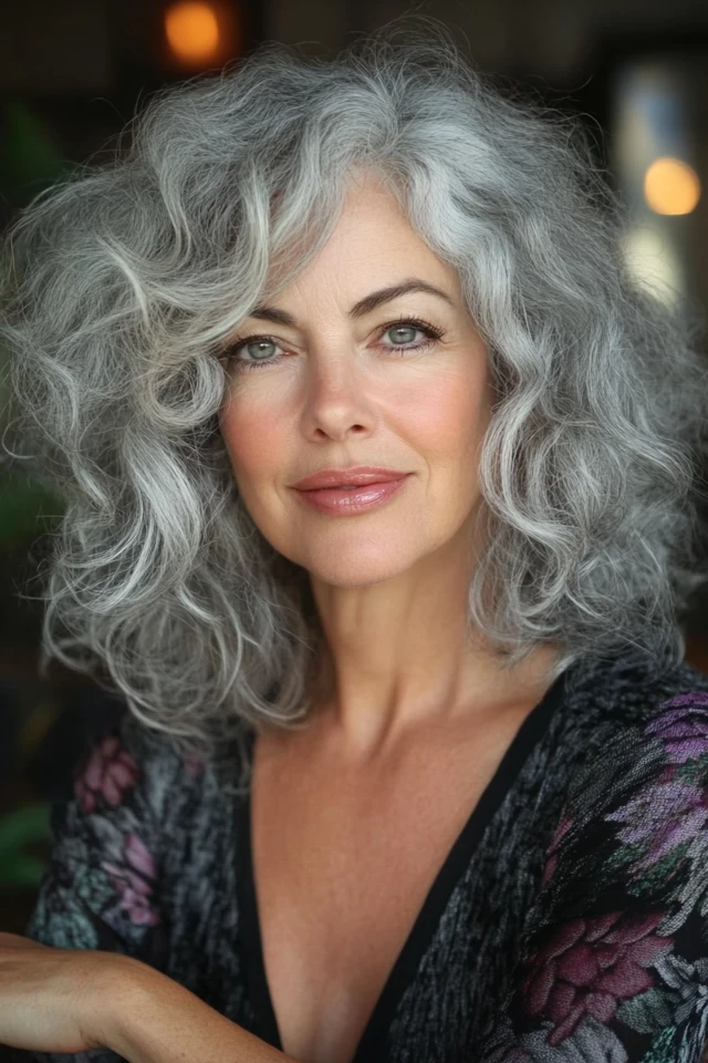 Mature woman with curly gray lob haircut