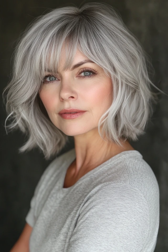 Woman over 40 with gray layered bob with bangs