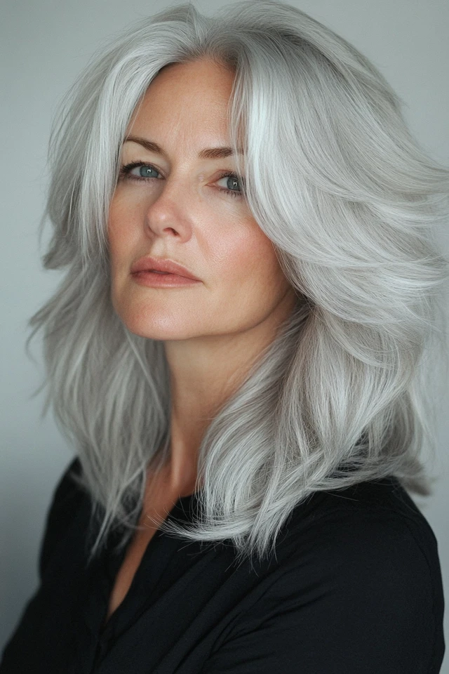 Mature lady with silver feathered layers