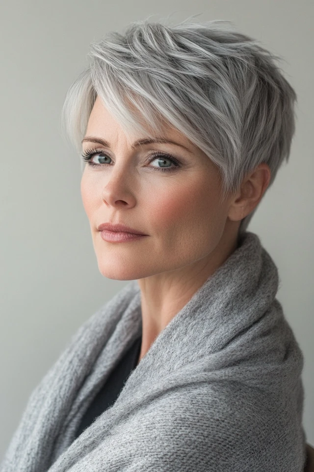 Mature lady with a gray tapered pixie haircut