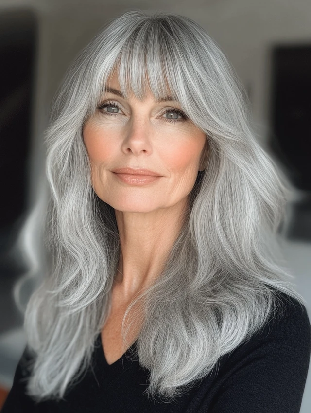Lady over 40 with gray wispy bangs
