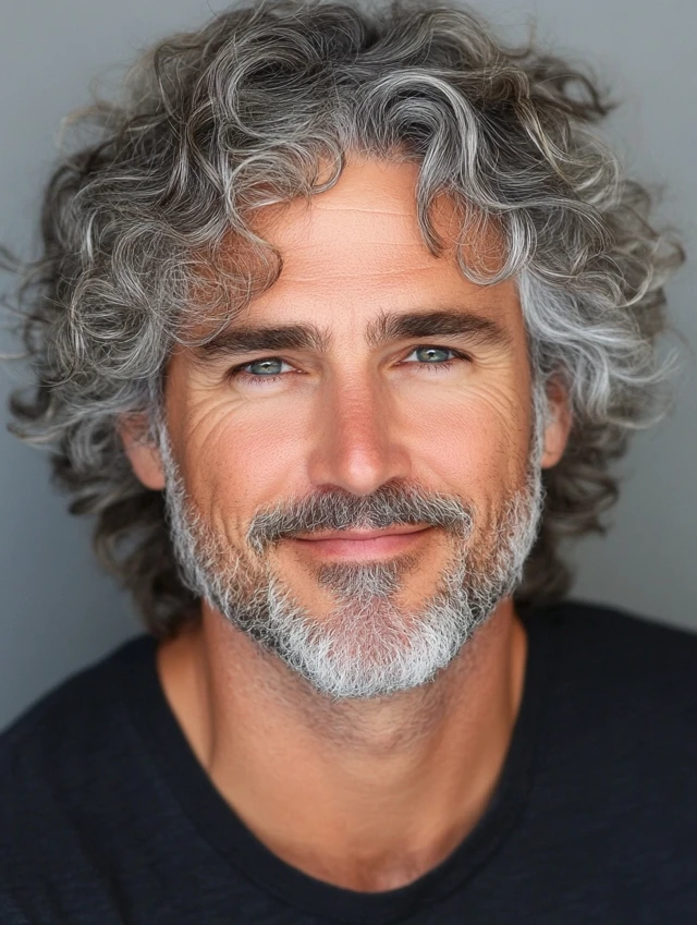 A man over 50 with a graying curly shag