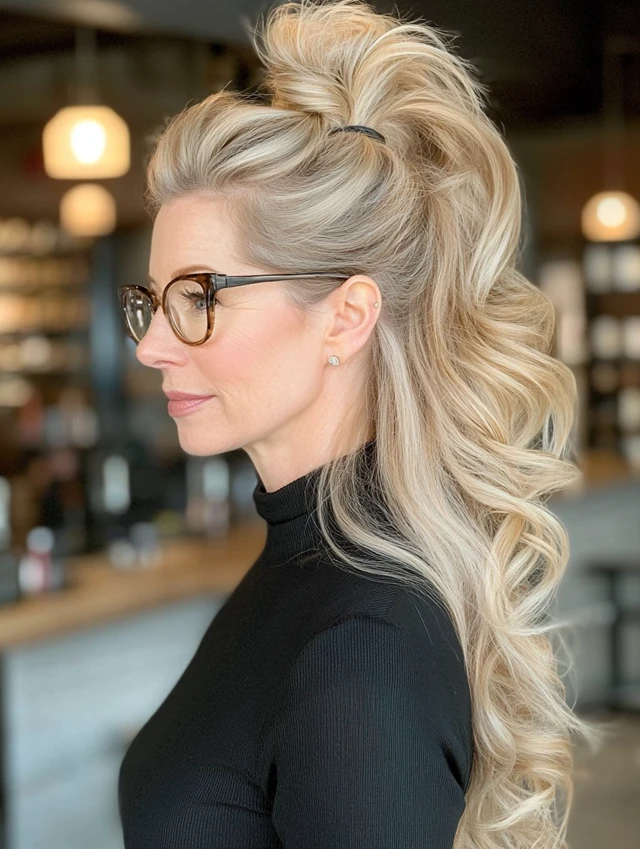 A woman over 40 with a high ponytail with a teased crown and wearing glasses