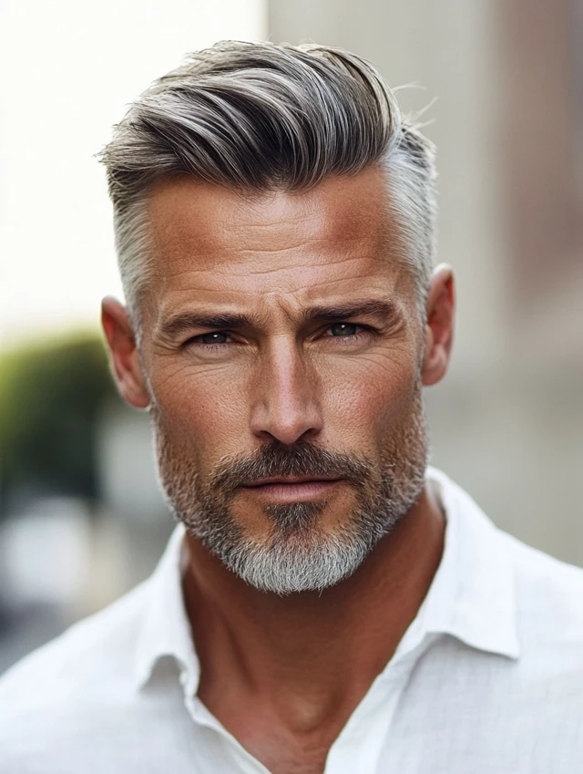 A man over 50 with thinning hair with an Ivy League hairstyle