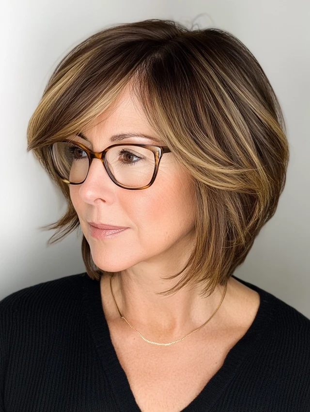 A mature woman with a layered bob with highlights and wearing glasses