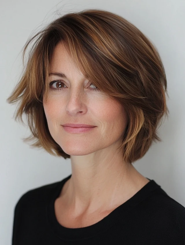 A woman over 40 with a layered bob hairstyle