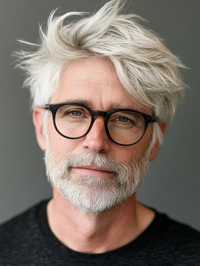 A man over 50 with glasses with a layered cut with fringe