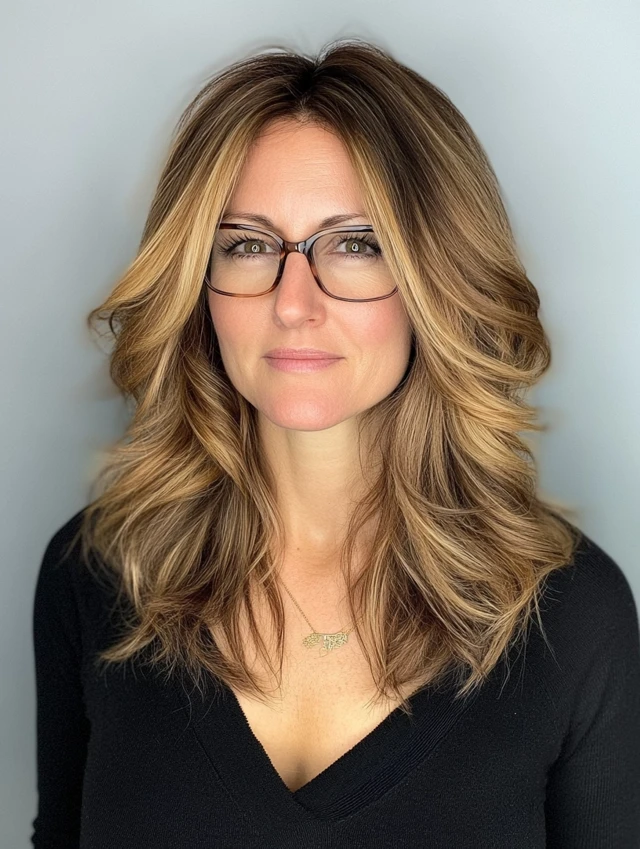 A lady over 40 wearing glasses and with Layered Mid-Length Hair with Ombre