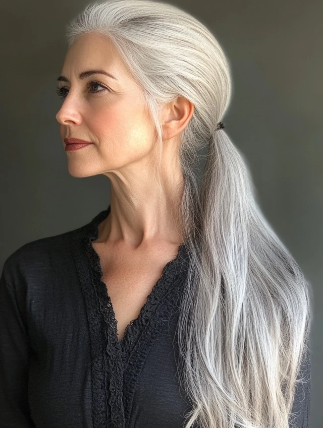 Woman over 40 with a long gray ponytail
