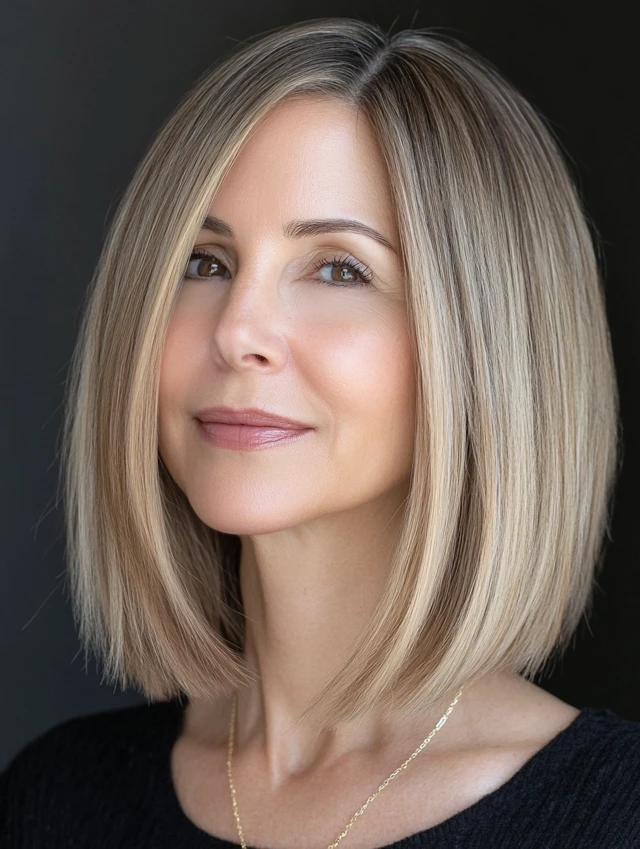 A woman over 40 with a long bob (lob) hairstyle