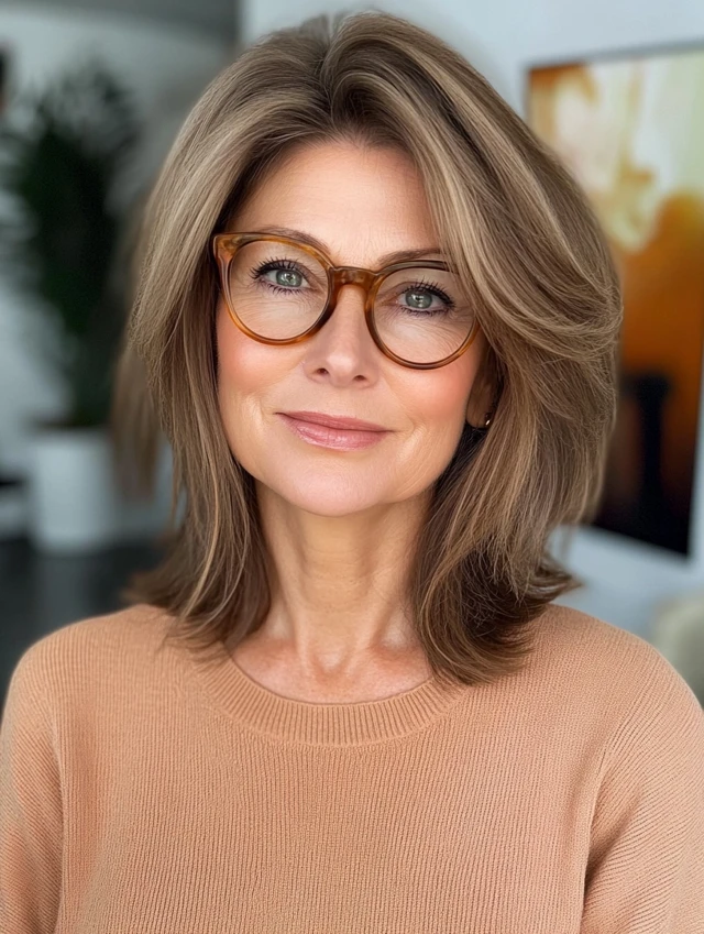 A mature lady wearing glasses with a long bob with volume hairstyle