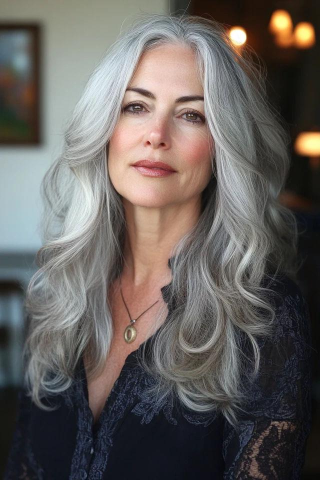 Woman over 40 with a long gray waves hairstyle