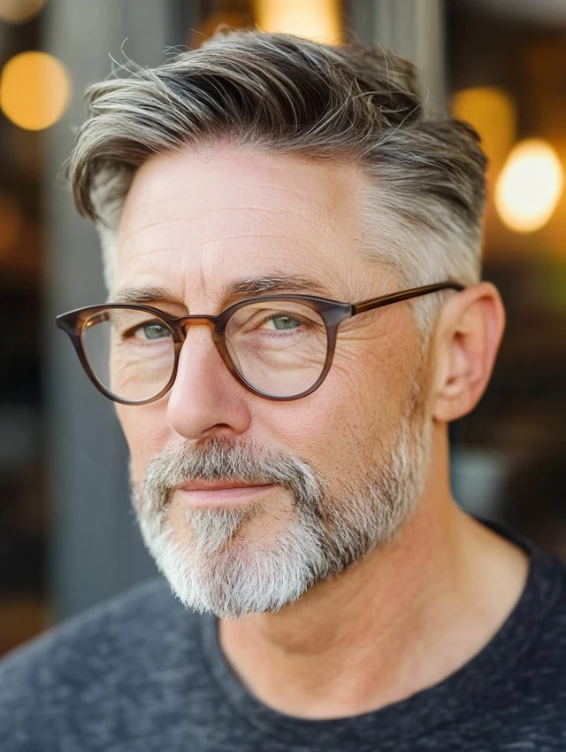 A man over 50 with glasses with a low fade