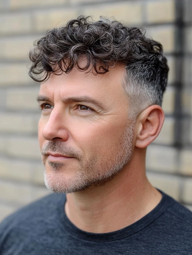 A man over 40 with a low fade with curls hairstyle