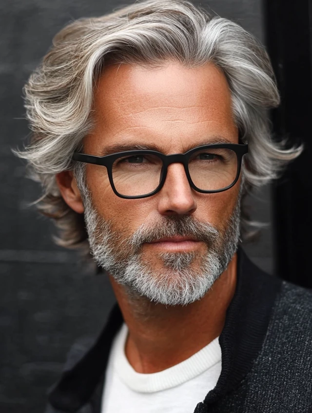 A man over 50 with glasses with medium length layers