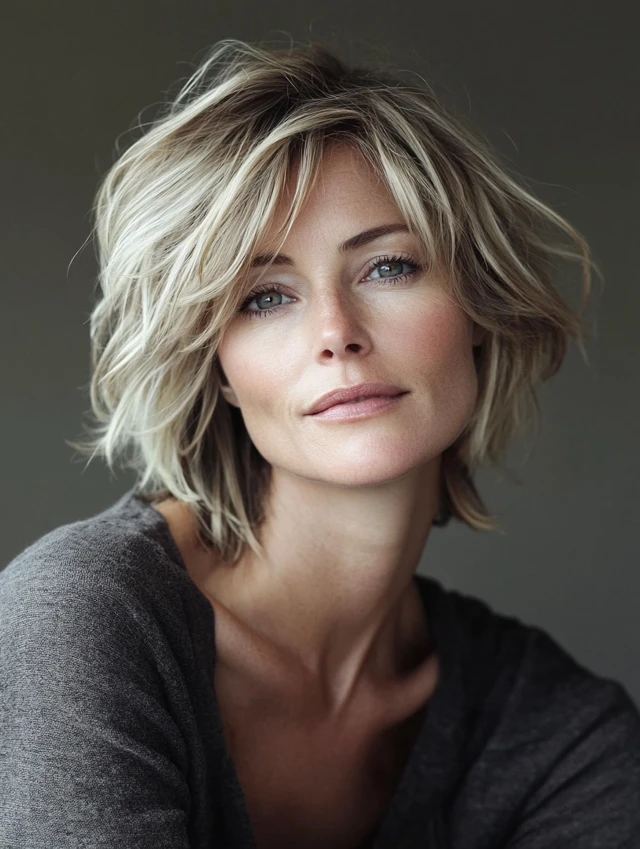 A woman over 40 with a messy bob hairstyle