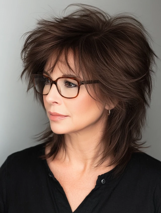 Woman over 40 with a Modern Mullet with Soft Layers haircut and wearing glasses