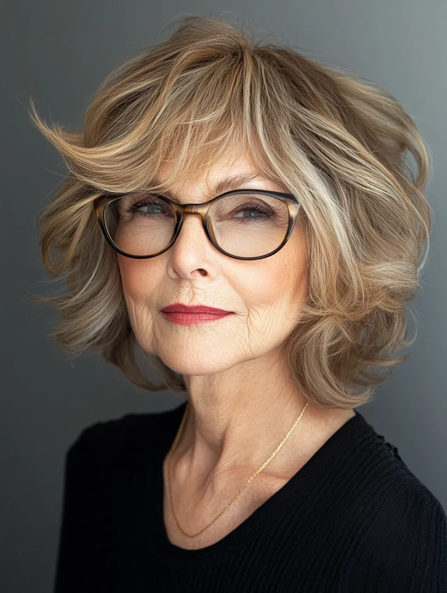 Modern shag with side swept bangs woman over 60