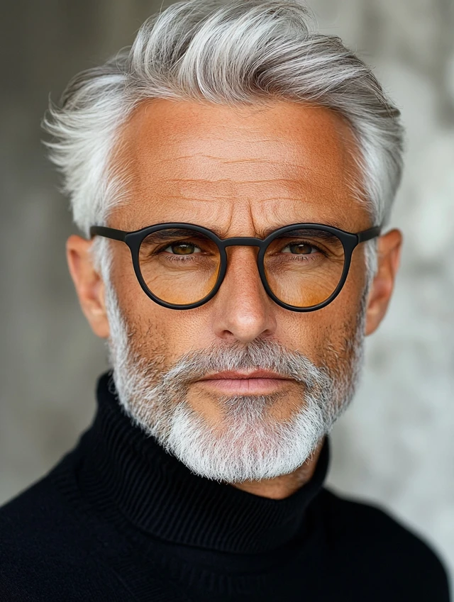 A man over 50 with glasses with a neat and tidy Caesar haircut