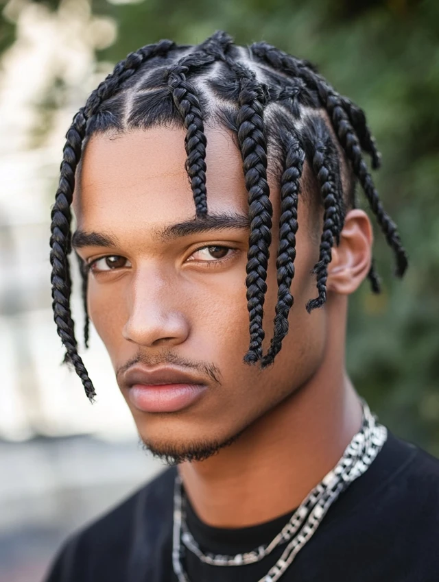 A young male wearing short neat zigzag braids