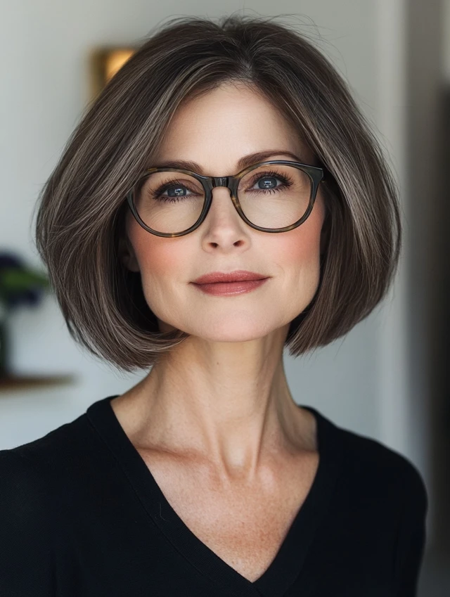 Woman over 40 with a Neck-Length Bob with Face-Framing Layers and wearing glasses