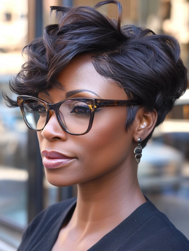 A woman over 40 with a pixie bob hairstyle