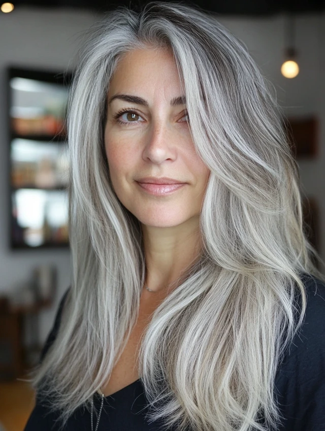 Woman with platinum streaks balayage