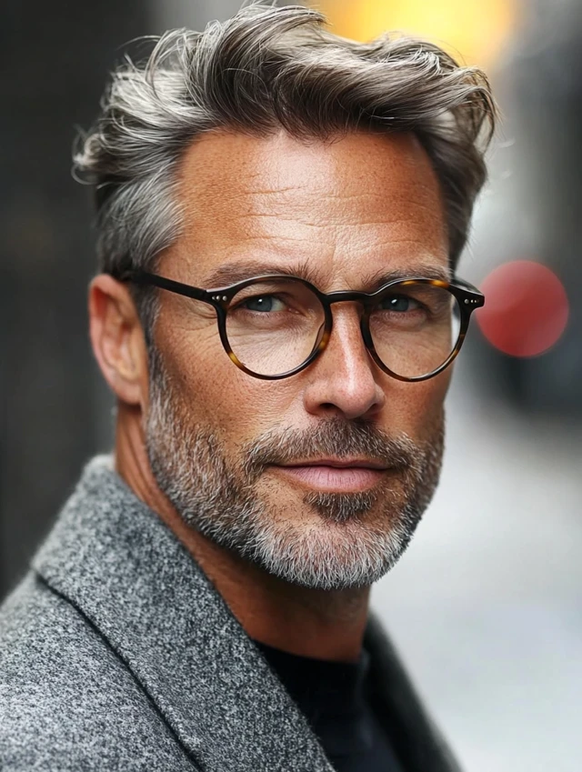 A man over 50 with glasses with a professional short pompadour hairstyle
