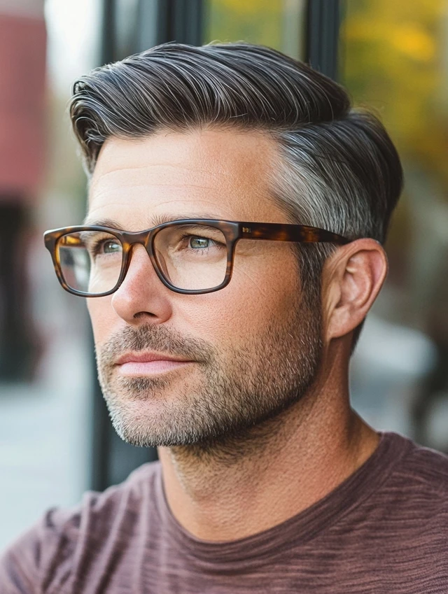 A man over 50 with glasses with retro side swept hair