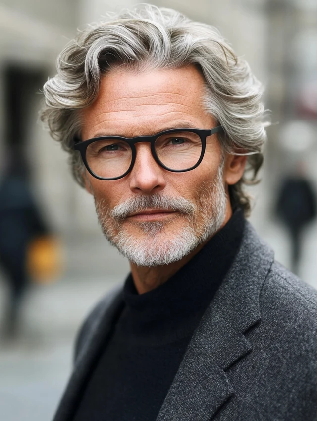 A man over 50 with glasses with a salt and pepper waves hairstyle